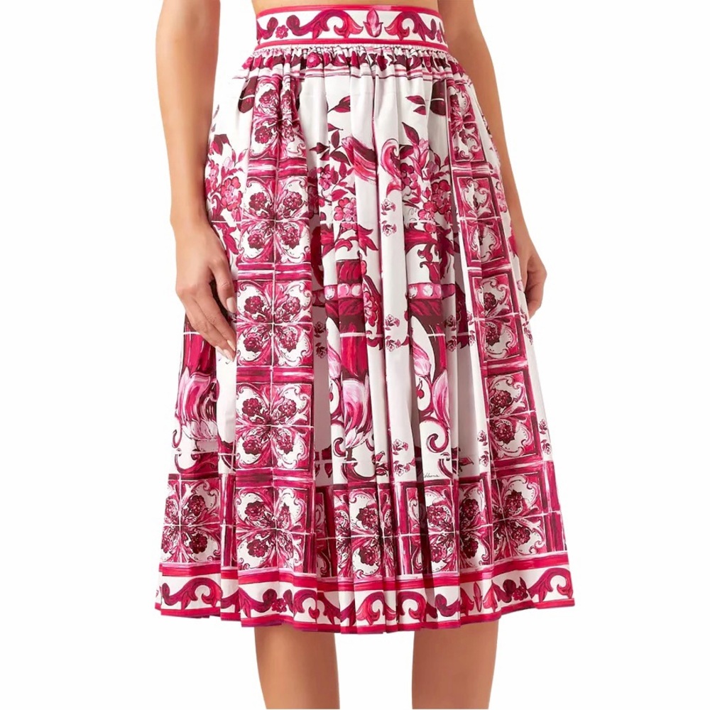Dolce & Gabbana Majolica Magenta Pink White Floral Print Midi Skirt Cotton IT 40